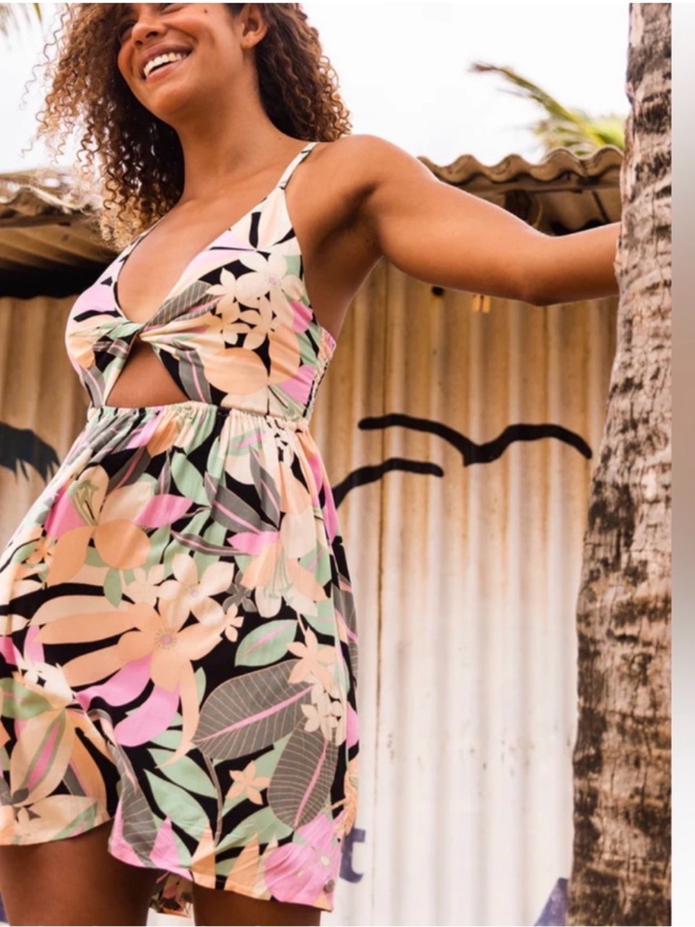 Roxy 90’s Floral Cutout Spaghetti Strap Sundress in Pastel Palette